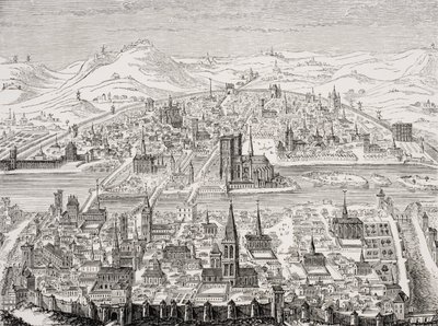 Facsimile of a copperplate with perspective view of Paris in 1607 by Leonard after Gaultier